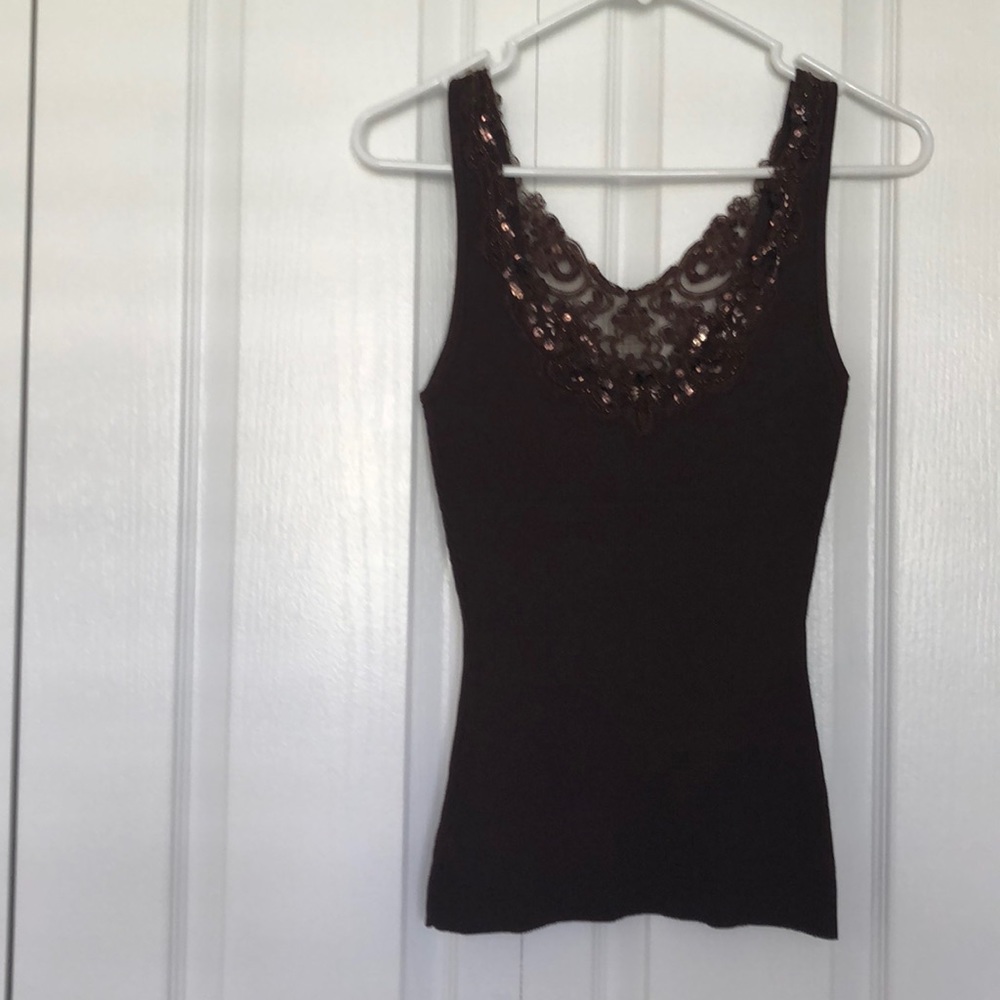CACHÉ Dark brown sequin and beaded tank top